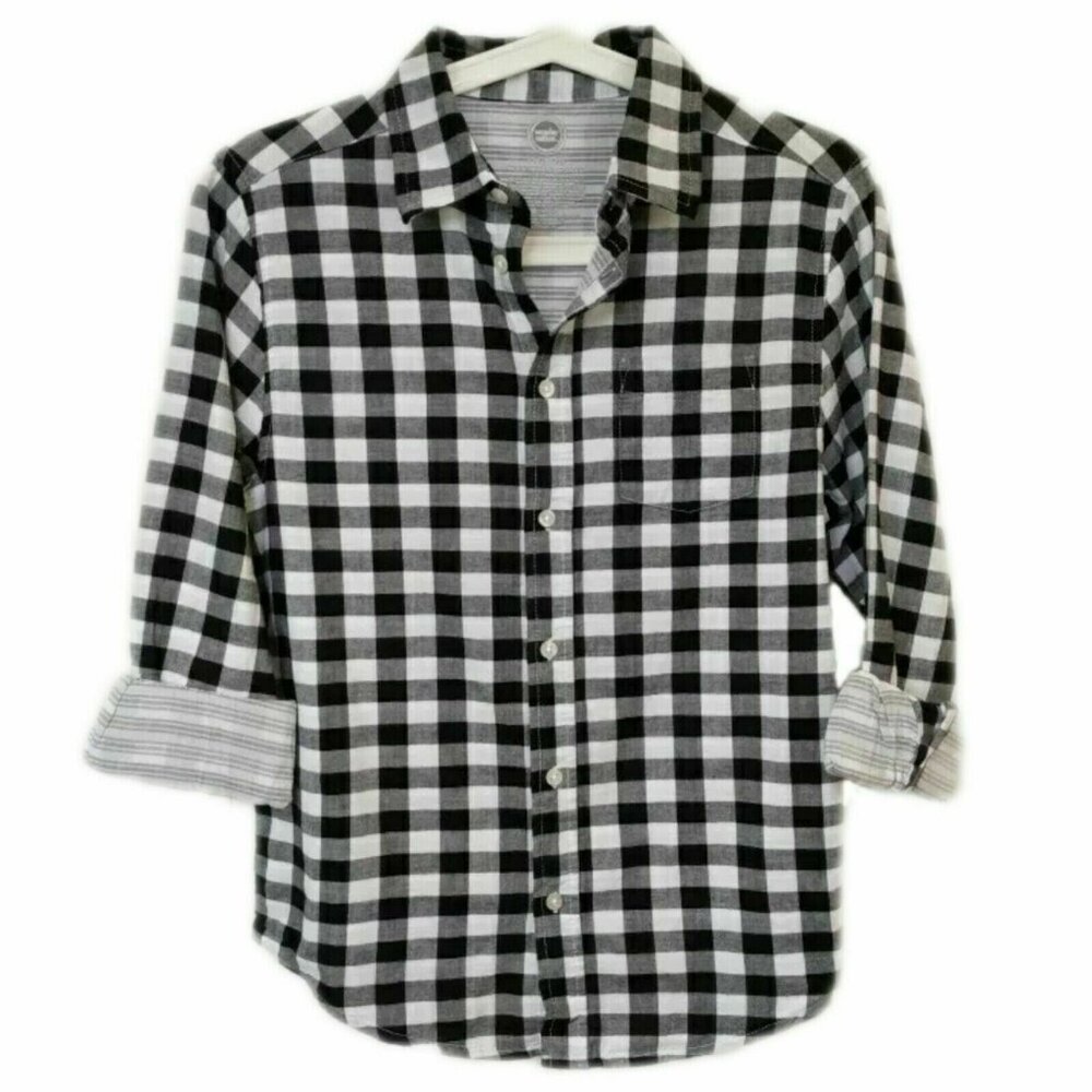 Boys NWT Gingham Check Top sz Large L - 2 layer Lined Button Down Shirt Roll Tab